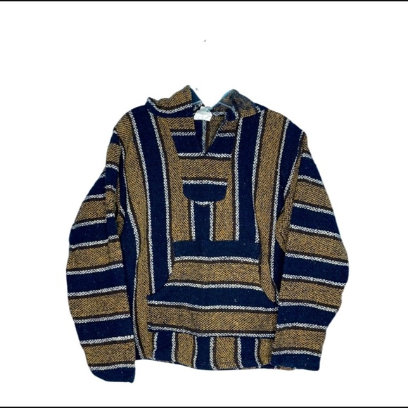 Mexican Woven Navy Blue Stripes Baja Hoodie - Picture 1 of 7